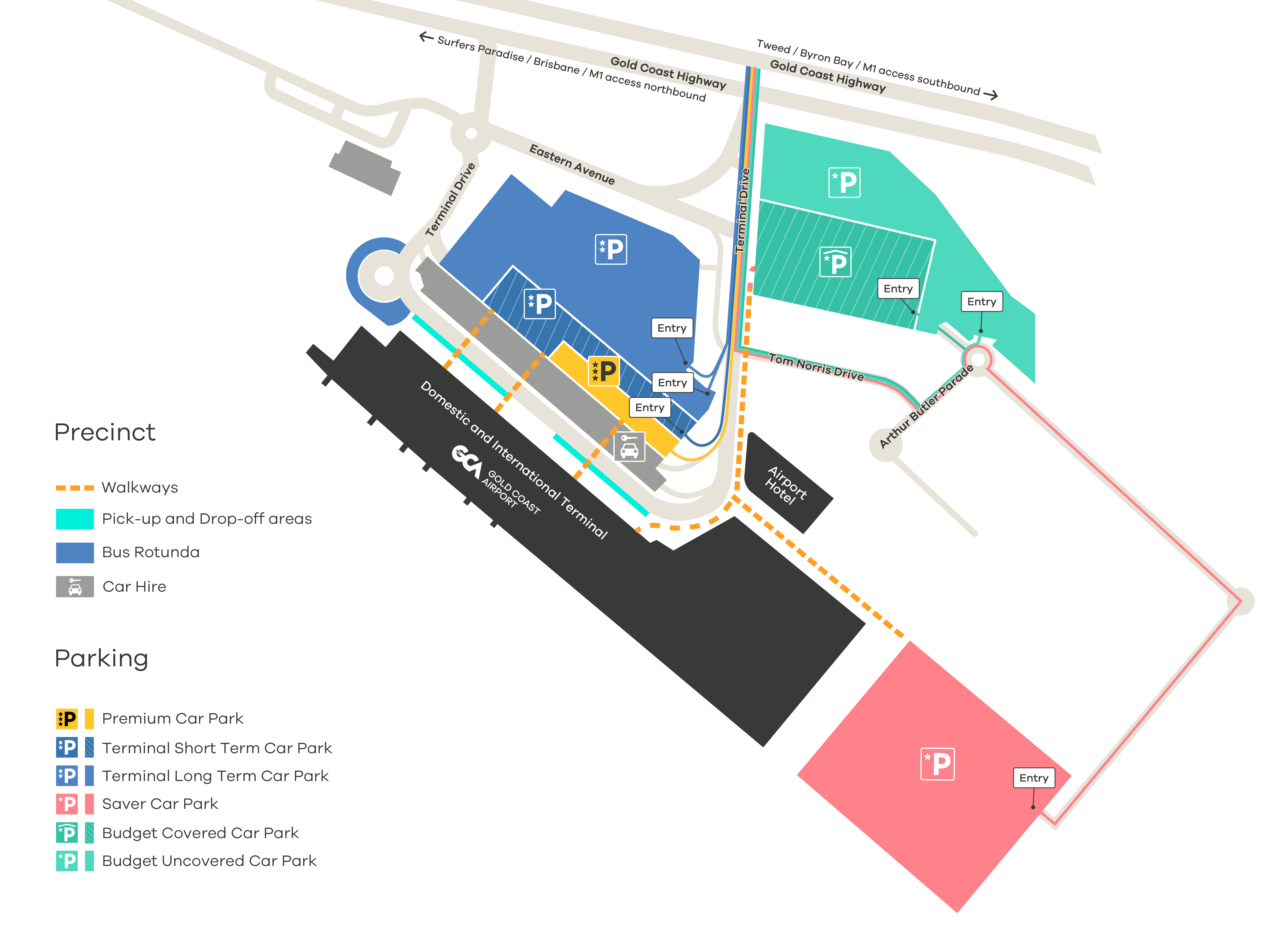 Car park locations at the Gold Coast Airport